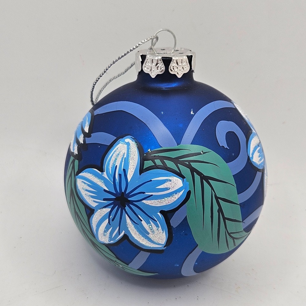 Vintage Blue Hand Painted Glass Christmas Ball‎ Ornament Floral Glitter